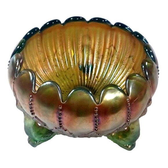 Vintage Northwood Aqua Opal Carnival Glass Leaf & Beads Footed Rose Bowl - Picture 3 of 16